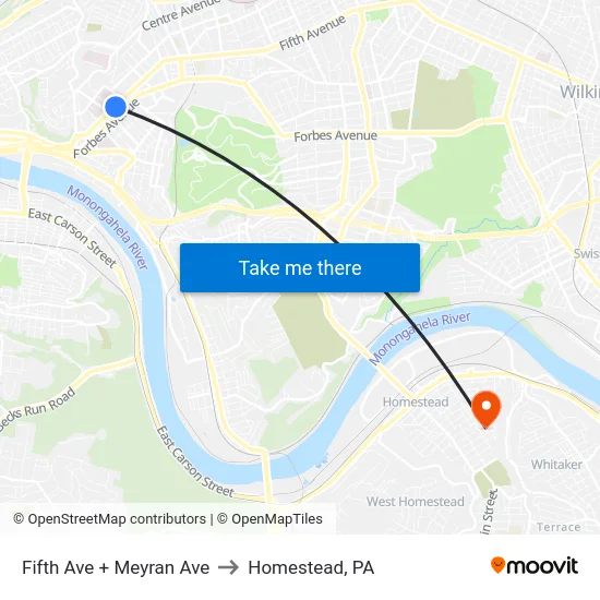 Fifth Ave + Meyran Ave to Homestead, PA map