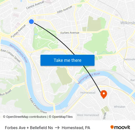 Forbes Ave + Bellefield Ns to Homestead, PA map