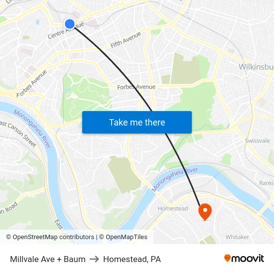 Millvale Ave + Baum to Homestead, PA map