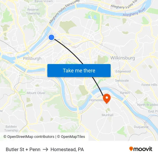 Butler St + Penn to Homestead, PA map