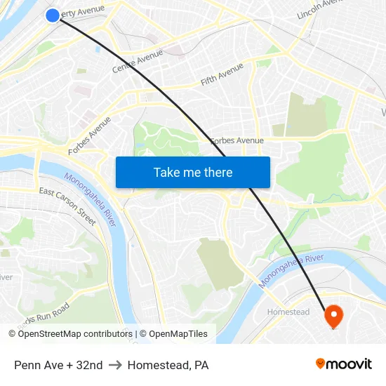 Penn Ave + 32nd to Homestead, PA map