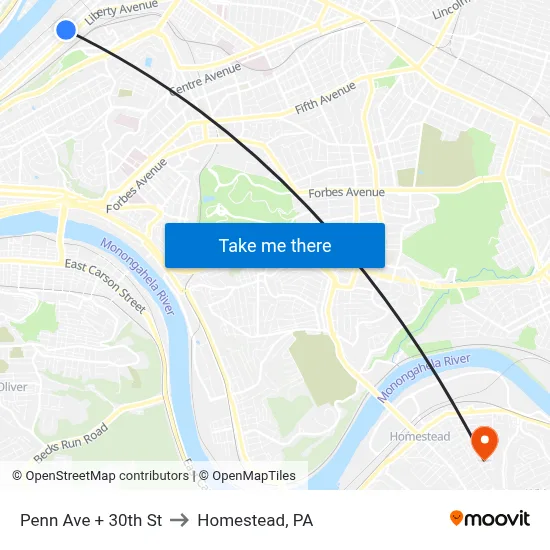 Penn Ave + 30th St to Homestead, PA map