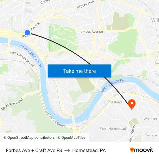 Forbes Ave + Craft Ave FS to Homestead, PA map