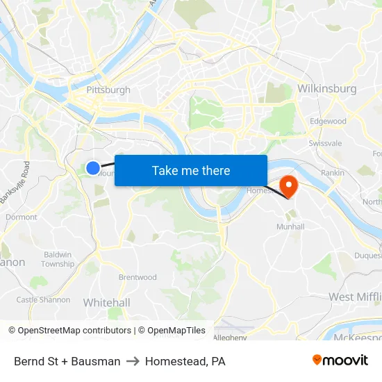 Bernd St + Bausman to Homestead, PA map