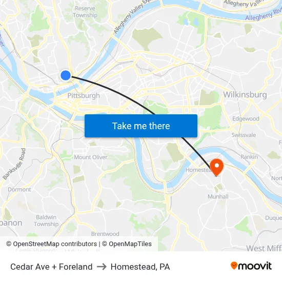 Cedar Ave + Foreland to Homestead, PA map