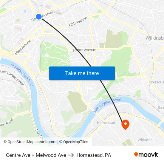 Centre Ave + Melwood Ave to Homestead, PA map