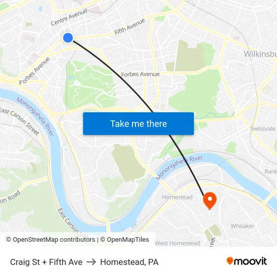 Craig St + Fifth Ave to Homestead, PA map