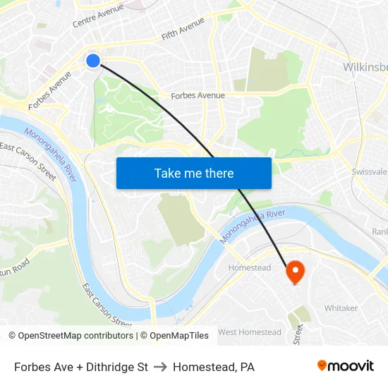 Forbes Ave + Dithridge St to Homestead, PA map