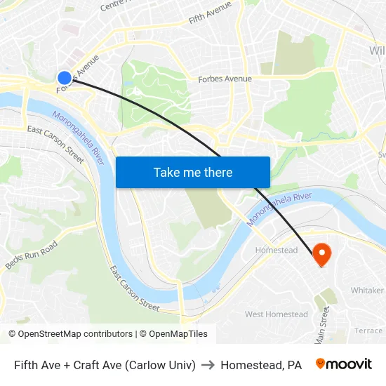 Fifth Ave + Craft Ave (Carlow Univ) to Homestead, PA map