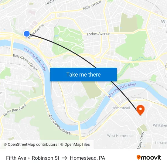 Fifth Ave + Robinson St to Homestead, PA map
