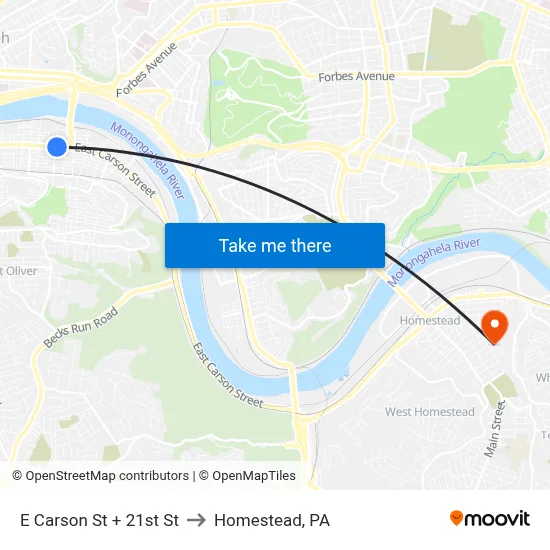 E Carson St + 21st St to Homestead, PA map