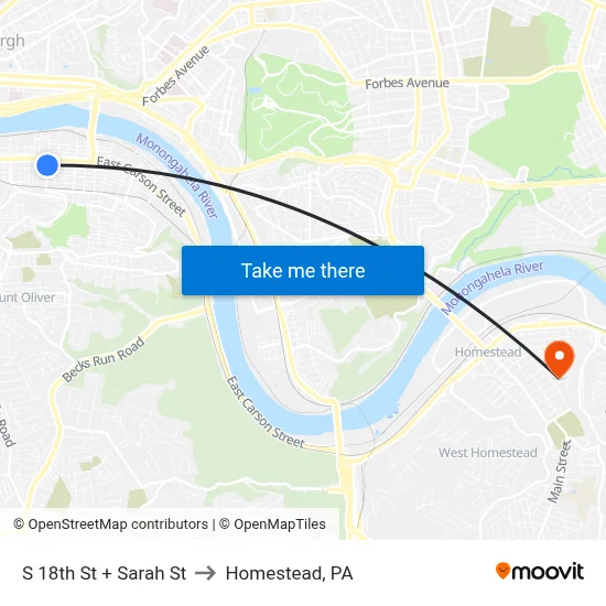 S 18th St + Sarah St to Homestead, PA map