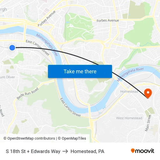 S 18th St + Edwards Way to Homestead, PA map