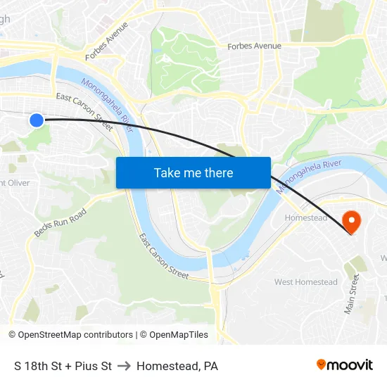 S 18th St + Pius St to Homestead, PA map