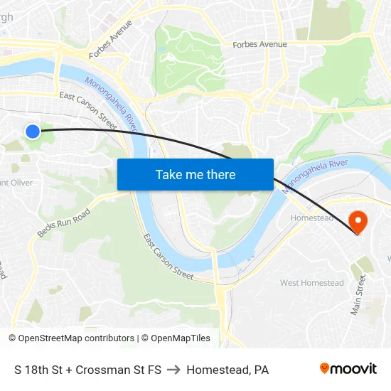S 18th St + Crossman St FS to Homestead, PA map