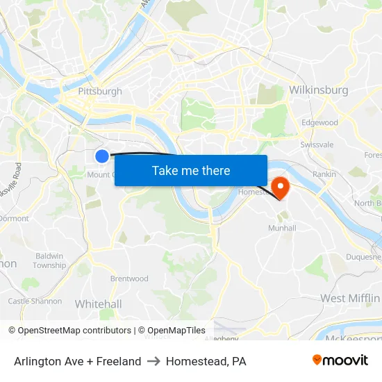 Arlington Ave + Freeland to Homestead, PA map