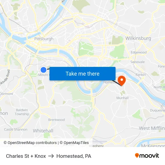 Charles St + Knox to Homestead, PA map