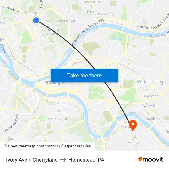 Ivory Ave + Cherryland to Homestead, PA map