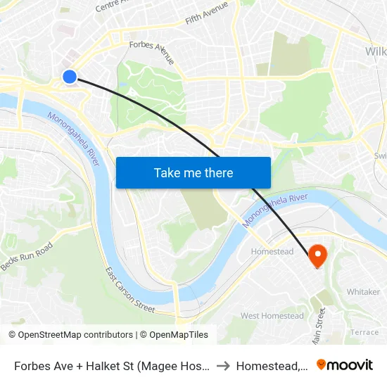 Forbes Ave + Halket St (Magee Hospital) to Homestead, PA map