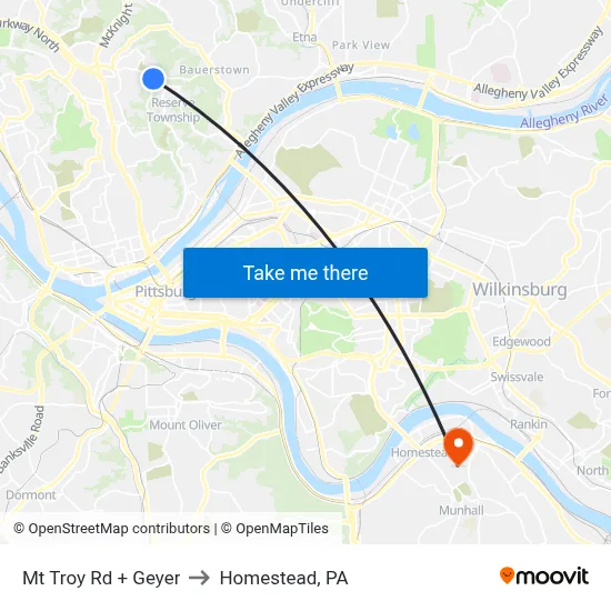 Mt Troy Rd + Geyer to Homestead, PA map