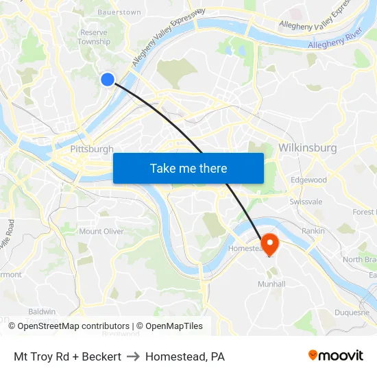 Mt Troy Rd + Beckert to Homestead, PA map