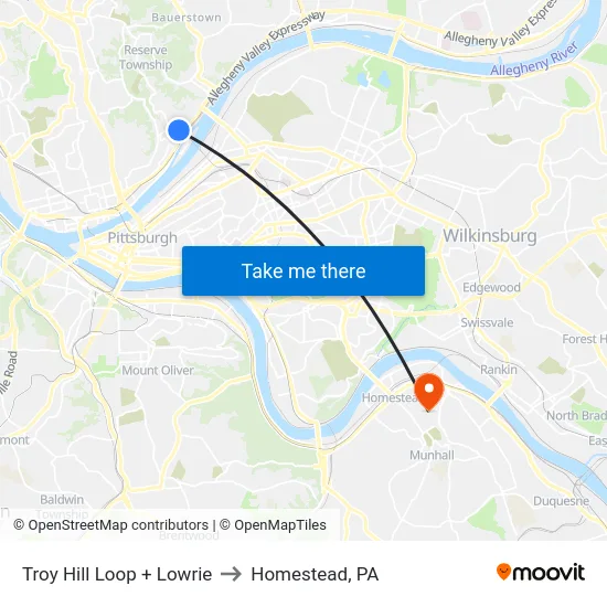 Troy Hill Loop + Lowrie to Homestead, PA map