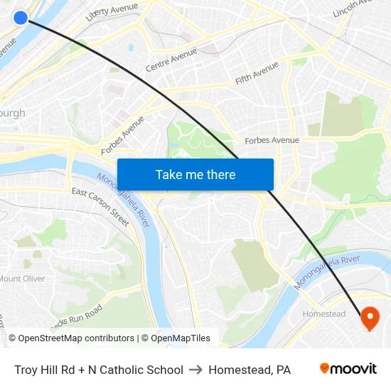 Troy Hill Rd + N Catholic School to Homestead, PA map
