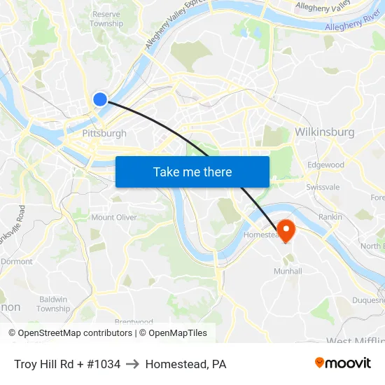 Troy Hill Rd + #1034 to Homestead, PA map