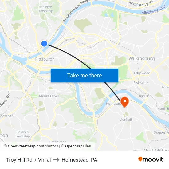 Troy Hill Rd + Vinial to Homestead, PA map
