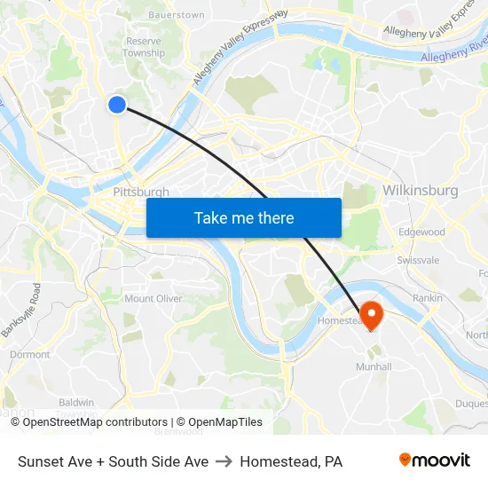 Sunset Ave + South Side Ave to Homestead, PA map