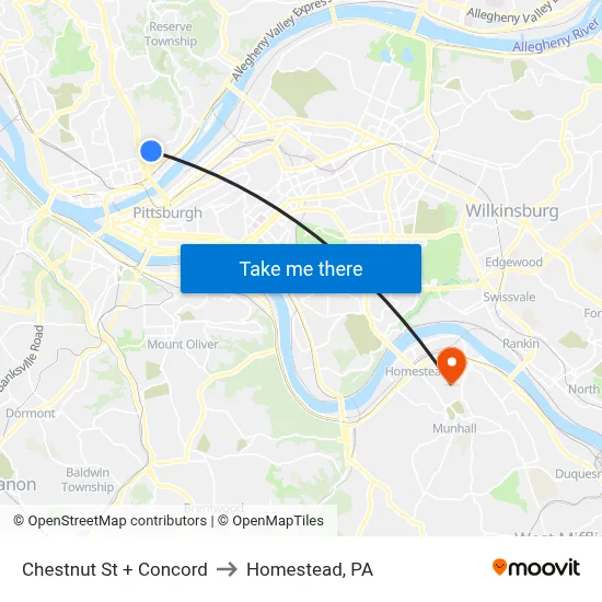 Chestnut St + Concord to Homestead, PA map