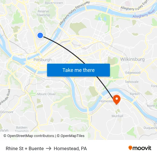 Rhine St + Buente to Homestead, PA map