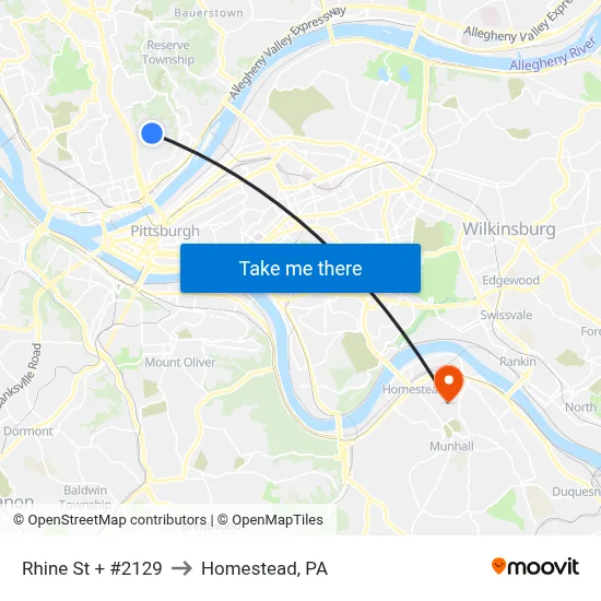 Rhine St + #2129 to Homestead, PA map