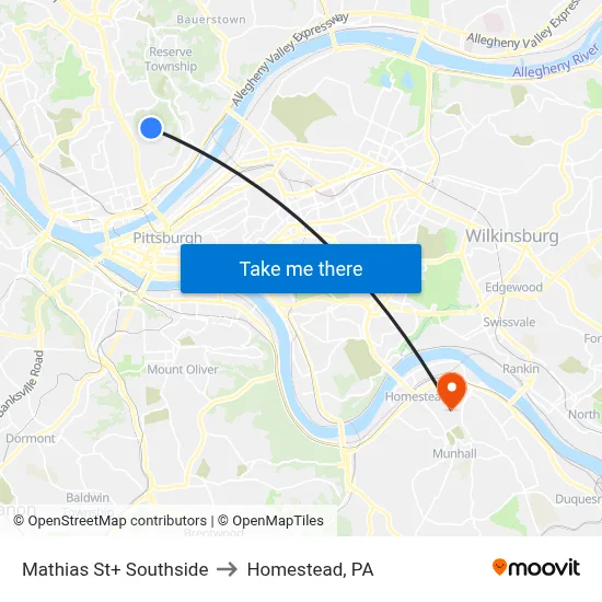 Mathias St+ Southside to Homestead, PA map