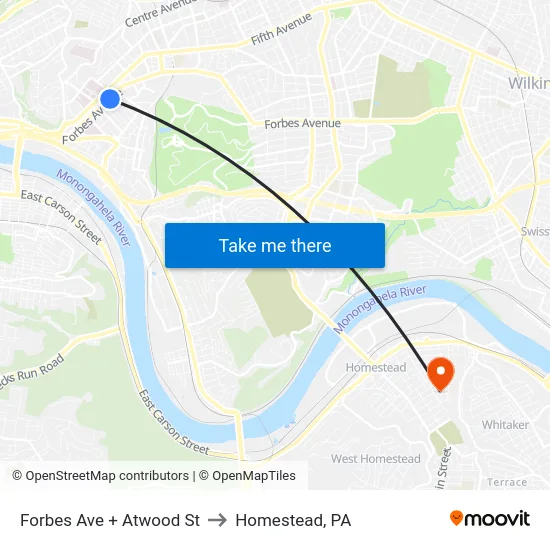 Forbes Ave + Atwood St to Homestead, PA map