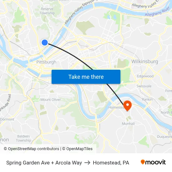 Spring Garden Ave + Arcola Way to Homestead, PA map