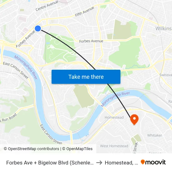 Forbes Ave + Bigelow Blvd (Schenley Dr) to Homestead, PA map