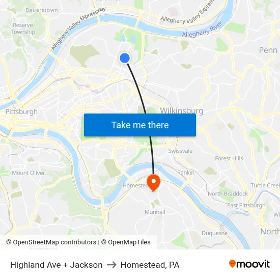 Highland Ave + Jackson to Homestead, PA map