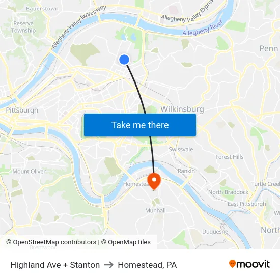 Highland Ave + Stanton to Homestead, PA map