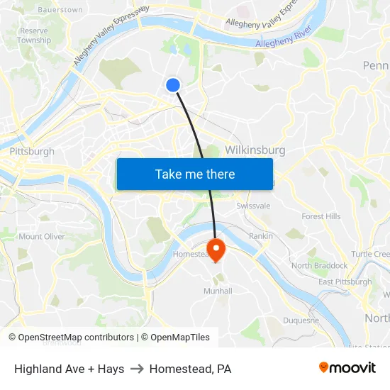 Highland Ave + Hays to Homestead, PA map