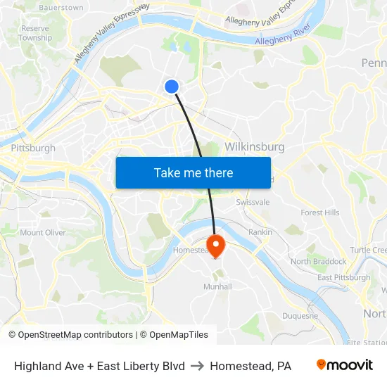 Highland Ave + East Liberty Blvd to Homestead, PA map