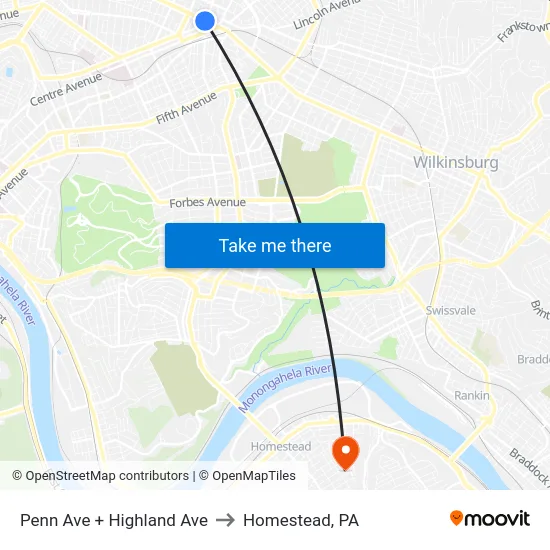 Penn Ave + Highland Ave to Homestead, PA map