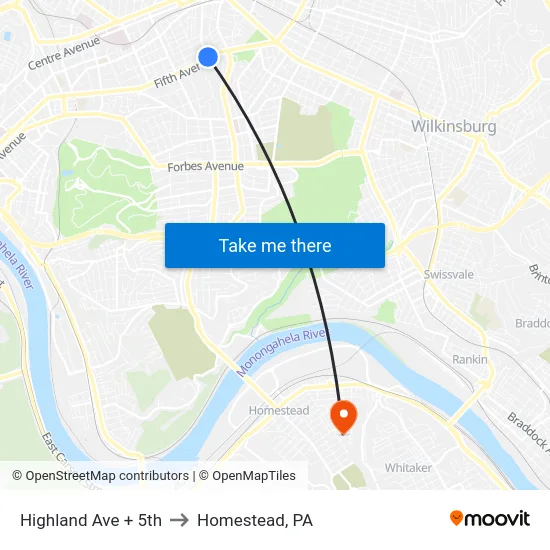 Highland Ave + 5th to Homestead, PA map