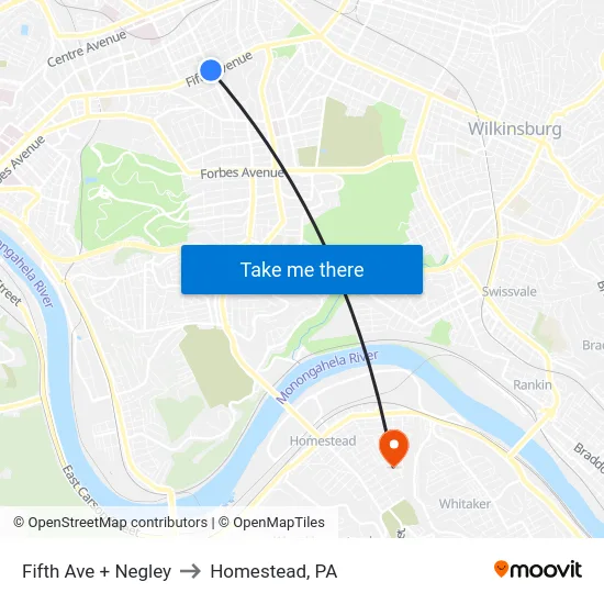 Fifth Ave + Negley to Homestead, PA map