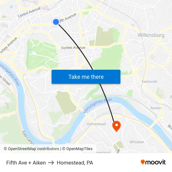 Fifth Ave + Aiken to Homestead, PA map