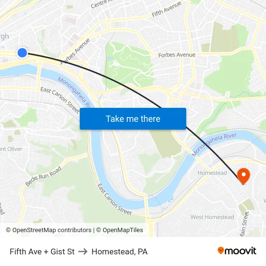 Fifth Ave + Gist St to Homestead, PA map