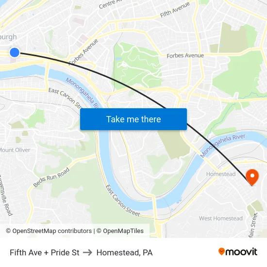 Fifth Ave + Pride St to Homestead, PA map