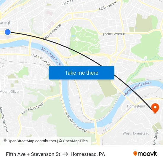 Fifth Ave + Stevenson St to Homestead, PA map