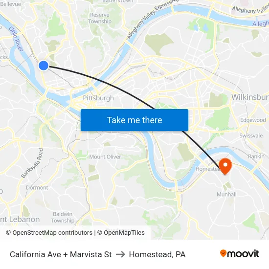 California Ave + Marvista St to Homestead, PA map