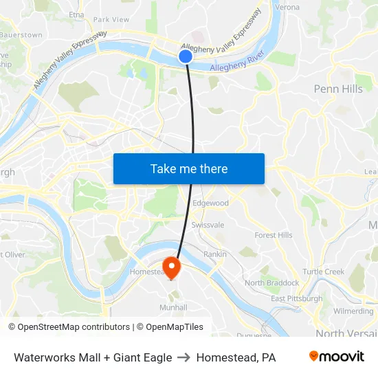 Waterworks Mall + Giant Eagle to Homestead, PA map